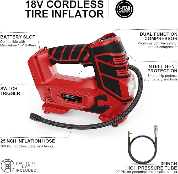 Air Compressor for Pneumatic Brad Nailer Stapler, Compatible with Milwaukee 18V Battery (Tool Only), 120 PSI Oil Free Cordless Portable Compressor, 160PSI Digital Tire Inflator for Pickup, Tire