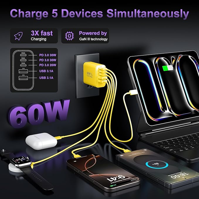 USB C Fast Wall Charger Block, 2Pack 60W USBC Charging Cubes, 5-Port PD+QC Power Adapter Multiport Brick Type C Box Plug for Phone 16/15/14/13/12/11/Pro Max/Plus, Pad Mini/Pro/S25/S24-Yellow