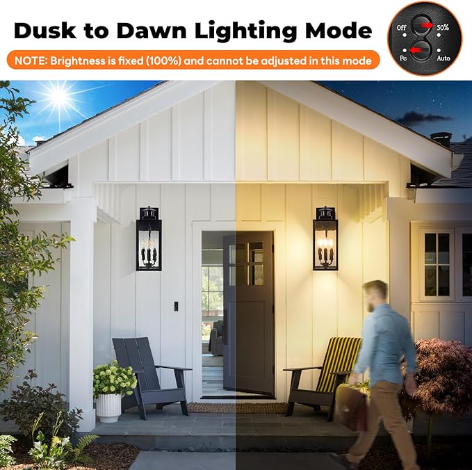 Large Motion Sensor Outdoor Wall Light, Black Exterior Wall Sconce Light Fixtures with Water-Rippled Glass, Waterproof Modern Outside Wall Lantern for House, Porch, Patio, Garage, Bulbs Not Included