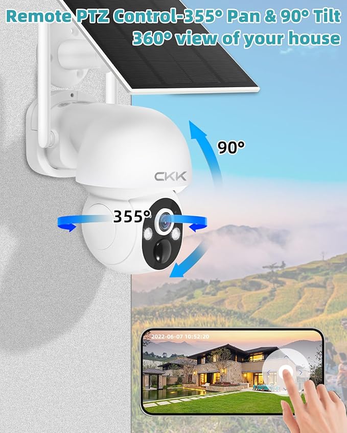 4MP Solar Camera Security Outdoor, PTZ Wireless Security Cameras, Wire-Free, Pan/Tilt/Zoom, PIR Detection, 2-Way Audio, IP66 Waterproof, Audible Flashlight Alarm,Two Ways of Storage
