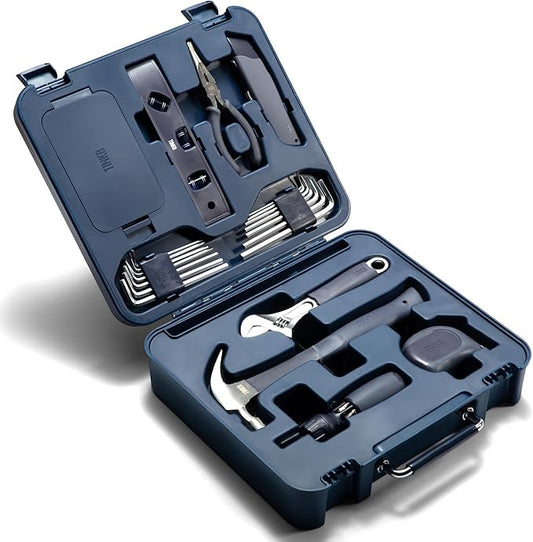 TINKR Modern Tool Box Workstation – Full Tool Set with Hammer, Ratchet Screwdriver, Allen Keys, Wrench, Knife, Tape Measure, Level, Pliers & Phone Holder