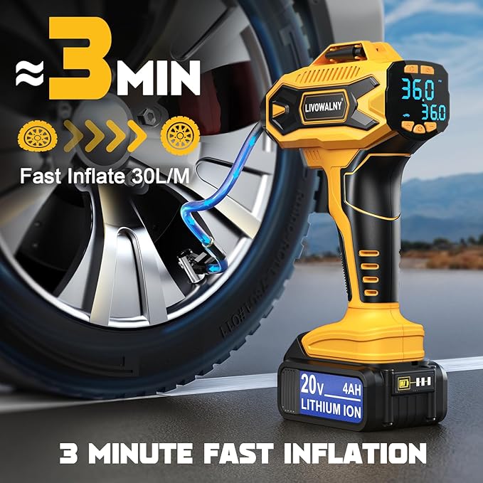 Tire Inflator Air Compressor for Dewalt 20V Max Battery, LIVOWALNY 160 PSI Cordless Portable Electric Air Pump with 4AH Baterry, 2025 Bigger LCD Digital Pressure Gauge for Car, Bike, Sport Ball