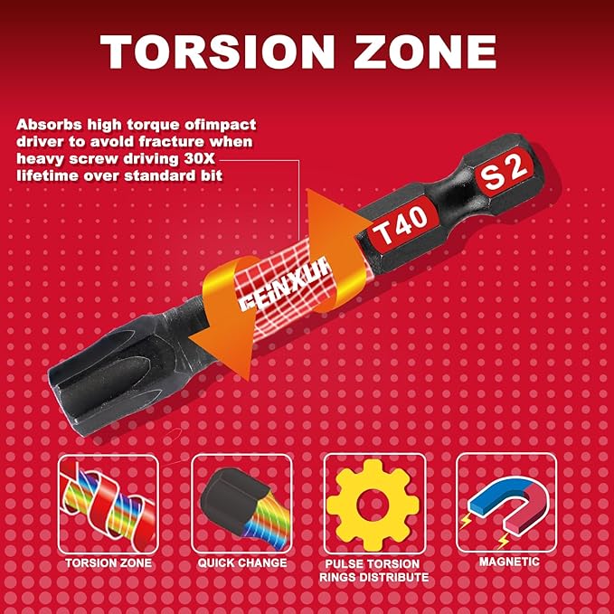 30Pieces 2 In. T40 Impact Tough Magnetic Screwdriver Bit Set, #40 Torx Head Power Bits, S2 Alloy Steel Star Bits with 1Pc Impact Bit Holder and Storage M-Box