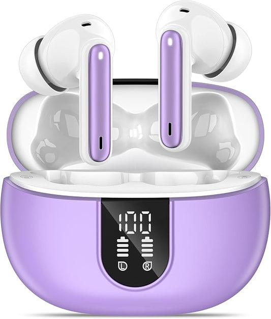 Wireless Earbuds, Bluetooth 5.3 Headphones 40Hrs Playtime Deep Bass Stereo, LED Power Display, Call Noise Canceling Headphones with Mic, IP7 Waterproof Earphones for iOS Android Purple