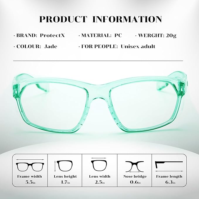 ProtectX Stylish Anti-Fog & Scratch-Resistant Safety Glasses, UV Protection Goggles, Anti-Impact Lightweight Glasses for Men＆Women Jade Clear
