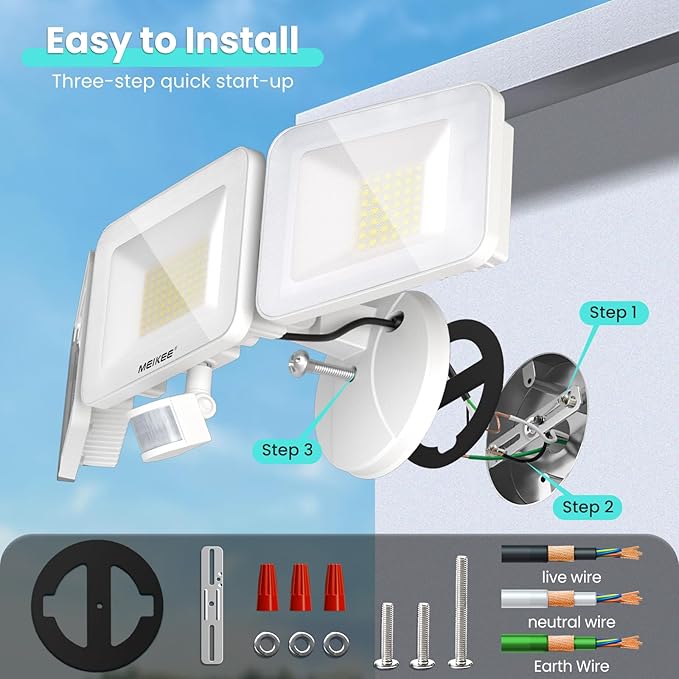 MEIKEE 100W LED Flood Lights Motion Sensor Light Outdoor, 9600lm 6500K Daylight White, IP65 Waterproof, 3 Adjustable Heads, Auto Dusk to Dawn Security Lighting for Garage, Yard, Porch, Driveway