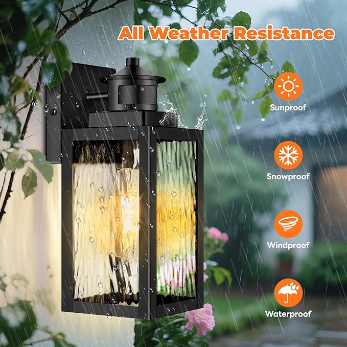 Brightever Motion Sensor Outdoor Lights Fixture, Dusk to Dawn Exterior Porch Light Wall Mount with Water-Rippled Glass, Black Modern Outside Wall Sconce Lanterns for House, Garage, Bulbs Not Included