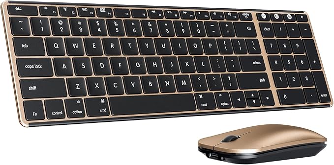 seenda Bluetooth Keyboard and Mouse for Mac, SKM64-2 Multi-Device Rechargeable Slim Wireless Keyboard Mouse Stainless Steel Full Size, Compatible with MacBook Pro/Air, iPad, Mac - Black Gold