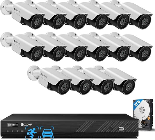 4COVR 16 Channel PoE Security Camera System for Business, 16CH 4K NVR with 4TB HDD, AI Human Vehicle Detection, 16x 5MP Commercial IP67 IP Bullet Camera, Night Vision, 24/7 Recording, LY37EX5M1616