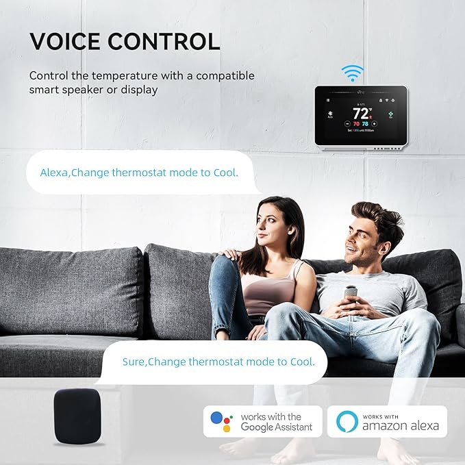 vine Programmable Thermostat for House with 4.3" Touch Screen, WiFi Smart Home Thermostat for AC and Heating, App/Voice Control, Compatible with Alexa and Google Assistant, C-Wire Required, TJ-919T