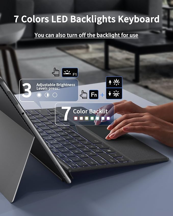 Surface Pro Keyboard, Magnetic Wireless Type Cover for Microsoft Surface Pro 7/6/5/4/3/7+, 7 Color Backlit Bluetooth 5.3 Ultra Slim Portable Keyboard with Trackpad Gray