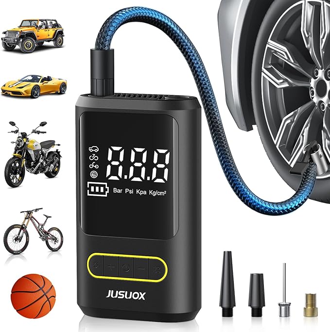 Tire Inflator Portable Air Compressor, Electric Bike Pump with Digital Pressure Gauge, 150 PSI Cordless Air Pump for Car Tires, Motorcycle, Bicycle, Ball with Auto Shutoff, LED Light