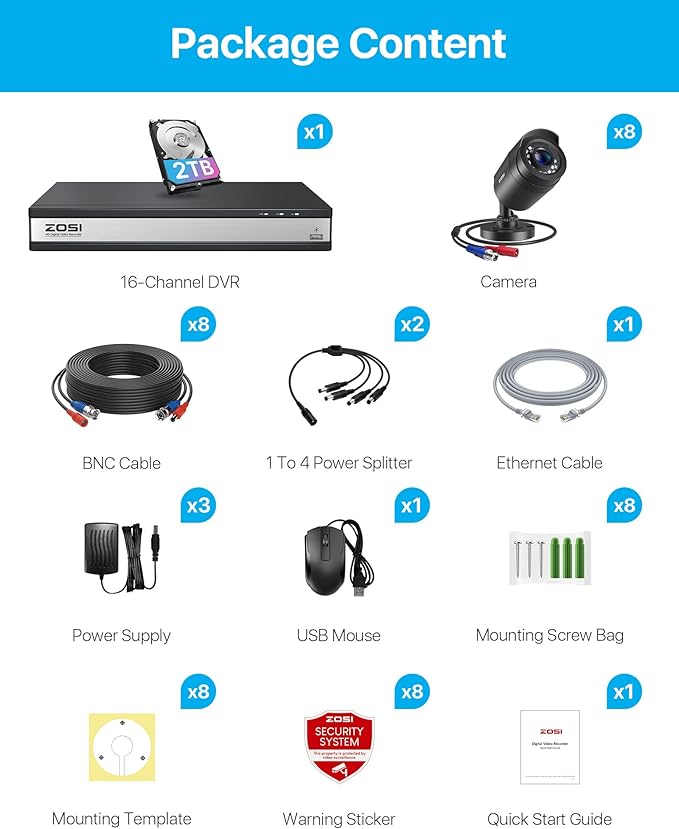 ZOSI 3K Lite 16CH Security Camera System with AI Human Vehicle Detection,Night Vision,8pcs Wired 1080P Outdoor Indoor Weatherproof Cameras,H.265+ 16 Channel CCTV DVR with 2TB HDD for 24/7 Recording