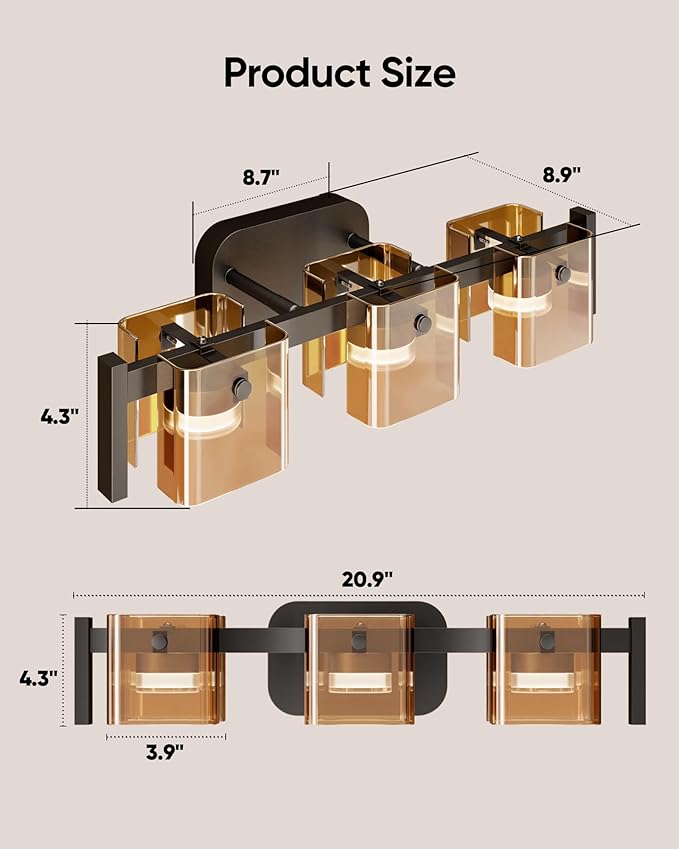 JACKYLED Bathroom Light Fixture, Modern 3-Light Vanity Lights with Art Glass Shades, 3 Color Temperatures LED Bathroom Lighting Fixture Over Mirror, 20W 1200 Lumen 30° Adjustable, Amber Glass