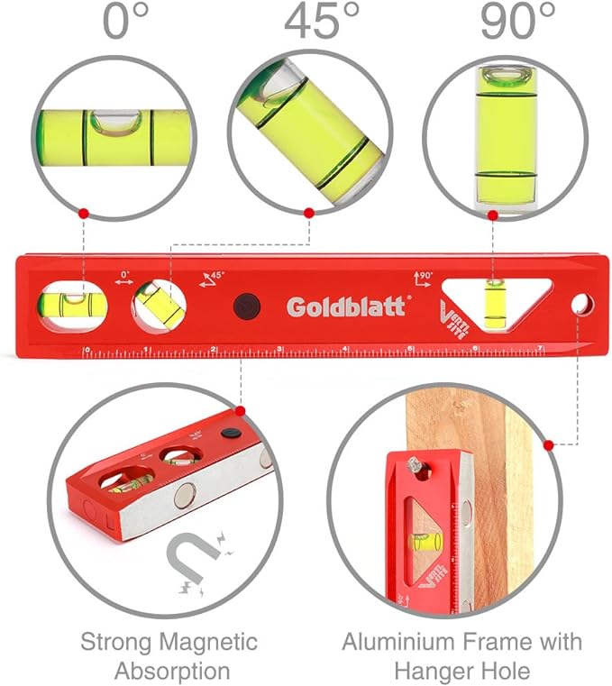 Goldblatt 3-Piece Torpedo Level Set - 9", 24", 48" Spirit Level Included, Aluminum Alloy Construction