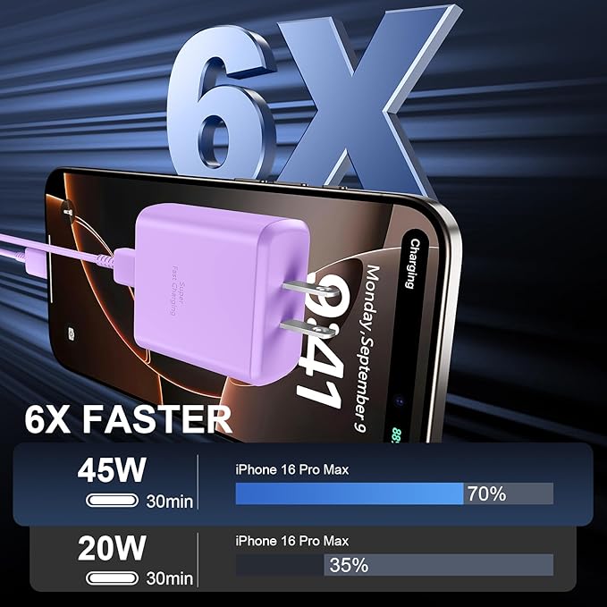 Phone 16 Pro Max Charger Fast Charging, 45W USB C Phone 16 Super Fast Charger Block with 6.6FT Long Type C Charging Cable Cord for Phone 16/16 Pro/16 ProMax/16 Plus, 15/15 ProMax/Pro/Plus,2pack purple