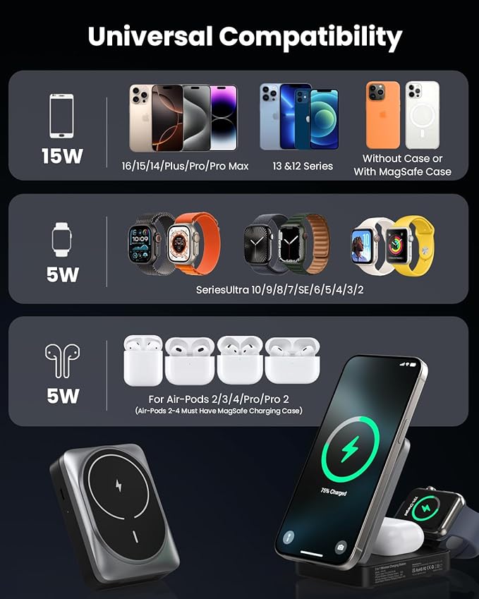 3-in-1 Wireless Charger Charging Station for iPhone, Qi2 Certified 15W Fast Charging Foldable Magnetic Charger Stand with 30W USB C Adapter for MagSafe iPhone 16/15/14/13/12, Apple Watch, AirPods