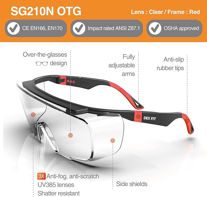 DEX FIT Safety Over Glasses SG210 OTG; Fit Over Your Eyewear, Z87 Eye Protection, 3X Fog & Scratch Resistant (N Red)
