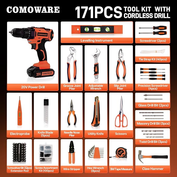 COMOWARE 171-Piece Home Tool Kit with Drill, 20V Cordless Power Drill Combo Set, Complete Household Repair Tools for Men & Women in Garden, Office, DIY Projects