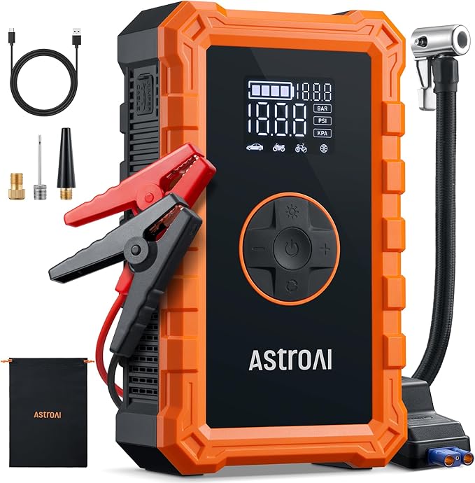 AstroAI S8 Air Jump Starter with Air Compressor, 1500A Peak Car Battery Jump Starter Portable (6.0 Gas/3.0L Diesel) with 150PSI Cordless Auto-Shutoff Tire Inflator, 12V Battery Charger Booster(Orange)