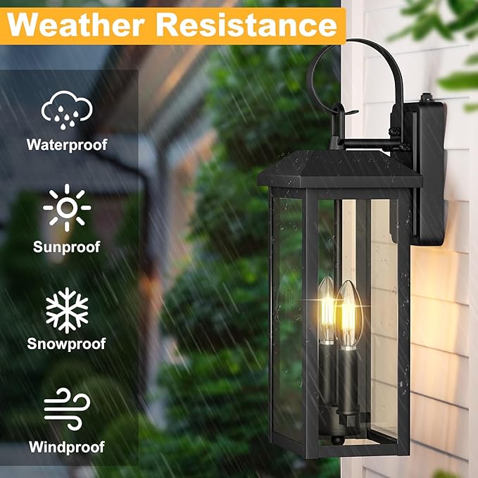 Large Outdoor Light Fixtures Black, Dusk to Dawn Outdoor Lighting, 2-Light Exterior Wall Fixture with E12 Socket, ETL Listed 18" Exterior Light Lanterns for House, Garage, Patio, Porch, Door