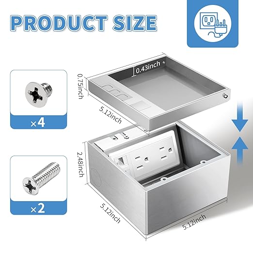 Vagueior Recessed Flat Hidden Floor Electrical Outlet Kit,with 4 * 15A Receptacle+1 * 5V 2.1A USB Charging Ports+2-Port RJ45 Datacom Receptacle，Waterproof Electrical Outlet Covcer Box,Silver