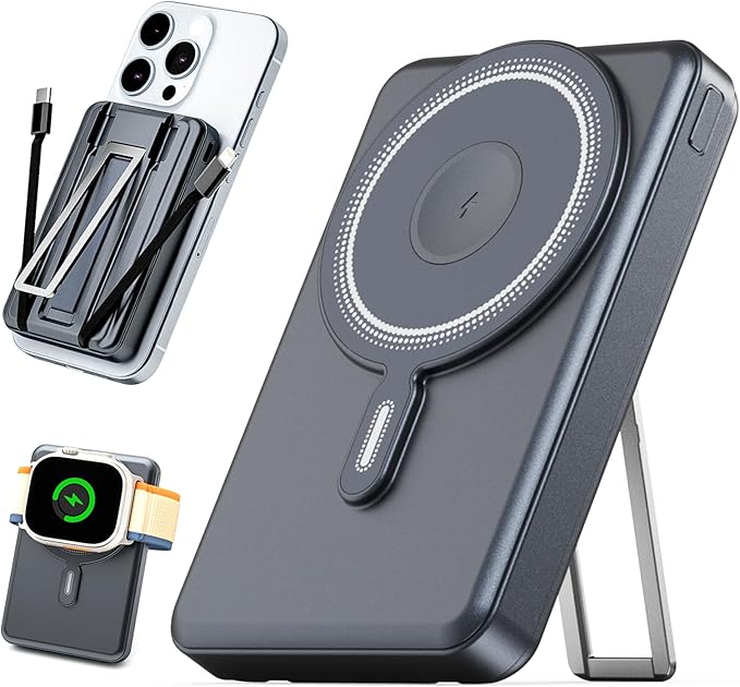 for Magsafe Portable Charger 10000mAh, Wireless Magnetic Power Bank for Apple Watch, 5 in 1 Fast Charging External Battery Pack with Cable and Stand for iPhone 16 Pro Max/15/14/13 Mini(Black)
