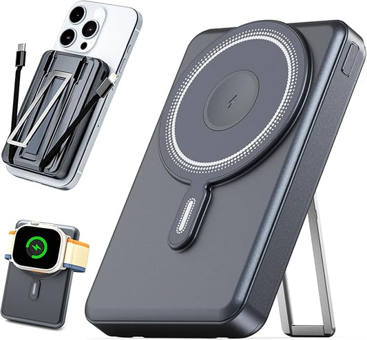 for Magsafe Portable Charger 10000mAh, Wireless Magnetic Power Bank for Apple Watch, 5 in 1 Fast Charging External Battery Pack with Cable and Stand for iPhone 16 Pro Max/15/14/13 Mini(Black)