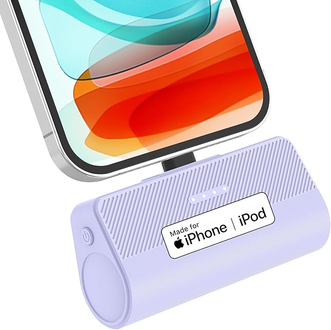 KKD Portable Charger for iPhone, Built-in MFi Certified Plug, 5000mAh Small Portable Phone Charger Power Bank for iPhone 14/13/12/11/XR/X/SE/8/7/6/6s/Pro Max/Plus,iPad,Purple