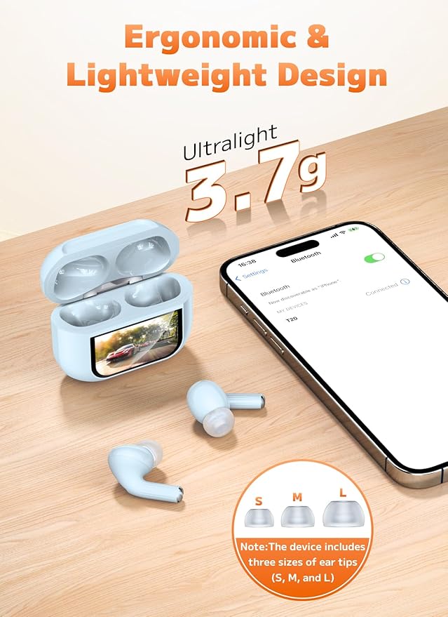 Wireless Earbuds, Bluetooth 5.4 Ear Buds with Multifunctional Touch Screen, ANC/ENC Noise Cancelling Headphones with 48H Playtime, Bass Stereo Sound, for Laptop, Android/iOS, Pad- Sky Blue