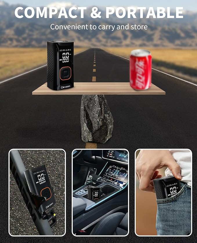 Tire Inflator Portable Air Compressor, 150PSI Portable Air Compressor with Accurate Pressure Gauge E-Bike Inflation Cordless Air Pump for Bike Pump Car Motorcycle Ball