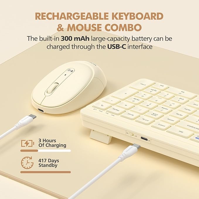 Wireless Keyboard and Mouse Combo for Desktop Mac iPad Bluetooth 2.4 Ghz Rechargeable Ultra Silent Click with Number Pad Compatible with Pc, Laptop, Tablet (Cream)