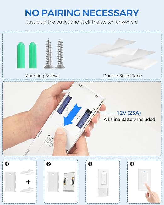 Remote Control Outlet Wireless Light Switch, Expandable and Removable Remote Outlet Switch Kit for Lamps, Fan, Home Appliance, 100ft RF Range, FCC Listed (2 Controllers + 1 Outlet) W08RC2106
