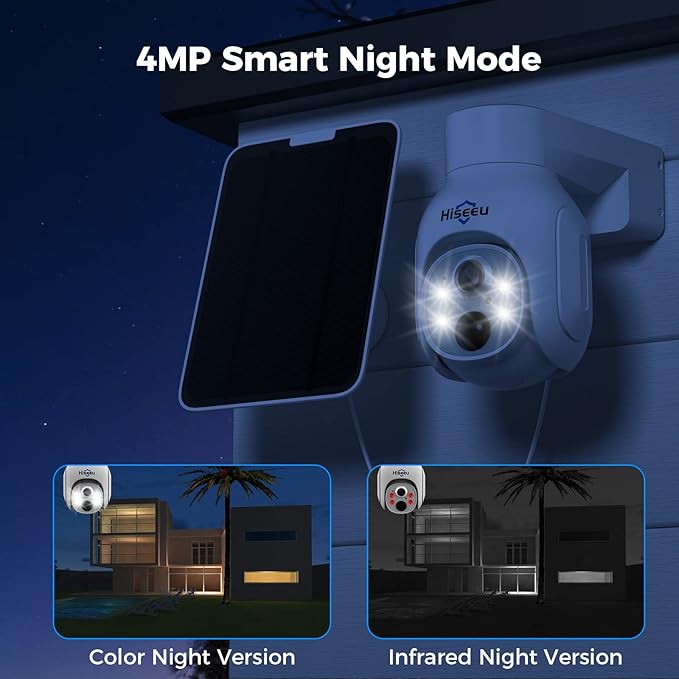 Hiseeu Solar Security Camera Outdoor, 4PCS 4MP Wireless Security Camera System with 10in LCD, 2-Way Audio, PT 360°, Night Vision, Motion Detection, 2.4G WiFi, No Subscription fee