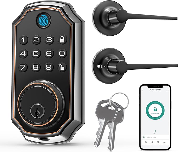 LOCK&SOLVER Keypad Door Lock with Handle, Smart Locks for Front Door, Keyless Entry Doorlock, Deadbolt Lock with Handle Set, App Remote Control, Easy Install with Video Guide, Rust-Resistant Zinc
