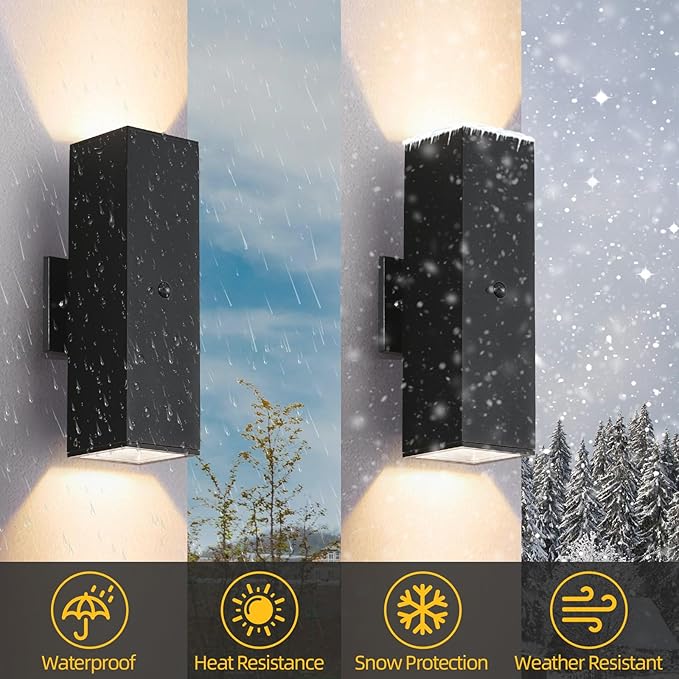 SHlMR Motion Sensor Porch Light 2 Pack, Dusk to Dawn Outdoor Light Fixture Wall Mount with Bulbs Include, Black Outdoor Sconce Lights Aluminum, Modern Up and Down Outside Lights for House, ETL Listed