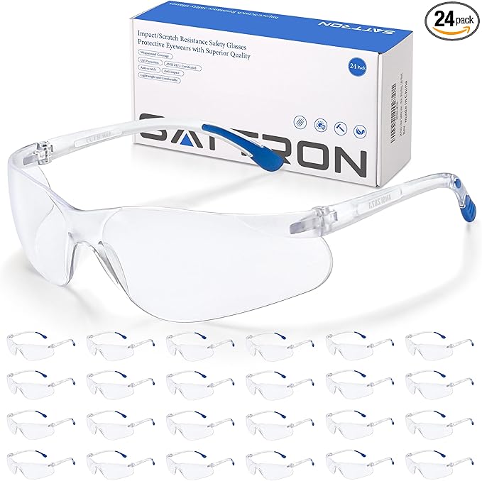 Clear Safety Glasses 24pk, Protective Eyewear UV Protection ANSI Z87.1, Safety Goggles Scratch& Impact Resistant Eye Protection for Men Women Work Construction Lab Clear& Blue Frame