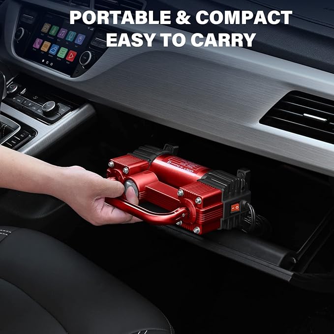 GSPSCN Red Tire Inflator Heavy Duty Double Cylinders, Portable Metal DC 12V Air Compressor - Car Accessories，150PSI Tire Pump with Adapter for Car, Truck, SUV Tires, Dinghy, Air Bed etc