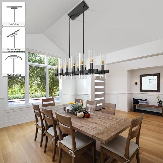 Modern Black Island Rectangle Chandelier with Clear Glass,48” Adjustable Height Modern Linear Light Fixture 12 Light Dining Room Chandelier Over Table for Dining Room Kithen Island