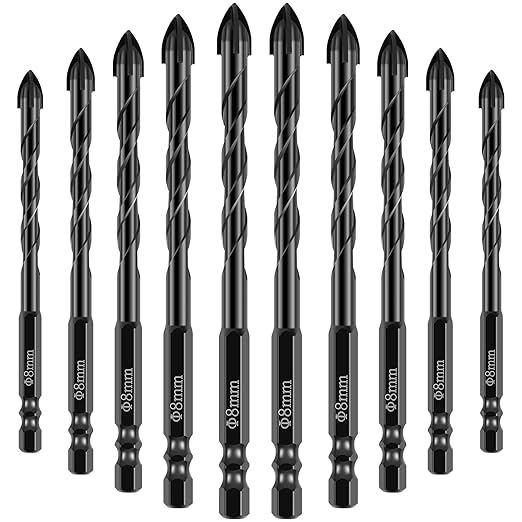 10Pcs Concrete Drill Bit Set 8mm Alloy Masonry Drill Bit Set Stable Carbide Tipped Tile Drill Bit Cross Head 1/4 Hex Shank Drilling Hole Bit for Concrete Cement Brick Wood (8mm 10pcs)
