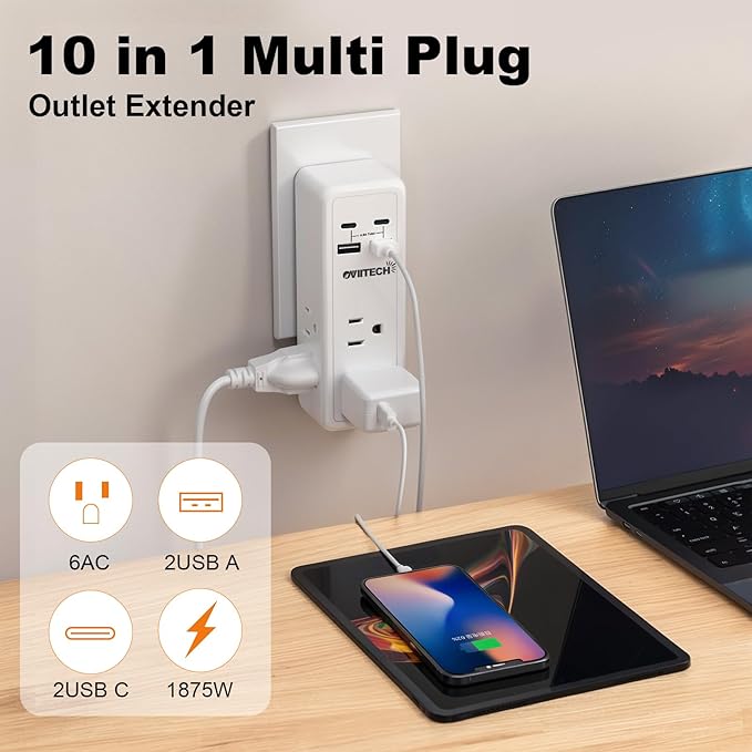 Surge Protector Outlet Extender- 4 USB Wall Charger (2 USB C) 4.5A Total, Wall Plug Splitter with 6 AC Electrical Power Expander, Spaced for Travel Home Office, White