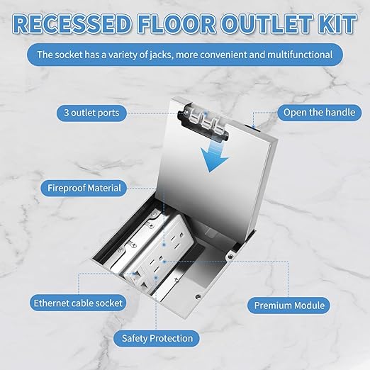 Vagueior Recessed Flat Hidden Floor Electrical Outlet Kit,with 4 * 15A Receptacle+1 * 5V 2.1A USB Charging Ports+2-Port RJ45 Datacom Receptacle，Waterproof Electrical Outlet Covcer Box,Silver