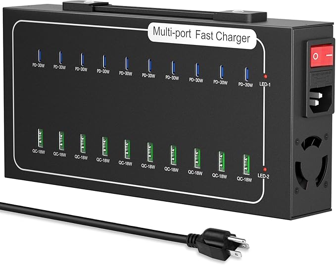 480W USB Charging Station, ALI SEA 20 Port (10 PD+10 QC) USB C Fast Charging Station for Multiple Devices, Charger Block with Intelligent Protection for iPhone, Android Cell Phone, iPad, Tablet