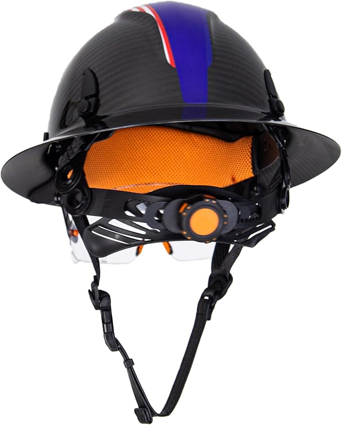 Carbon Fiber Full Brim Hard Hat Safety Helmet with Goggles and Leather Chin Strap 6-Point Suspension Adjustable Knob with Neck Protection