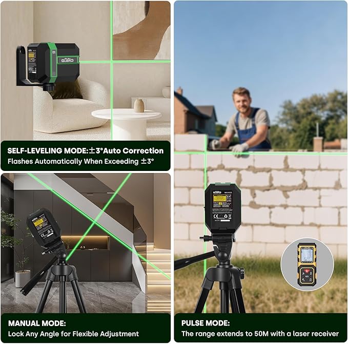 Green Laser Level Type-C Rechargeable Self Leveling Cross Laser Line Waterproof with Pulse Mode, 360°Magnetic Bracket for Outdoor Construction Home Decoration DIY etc.