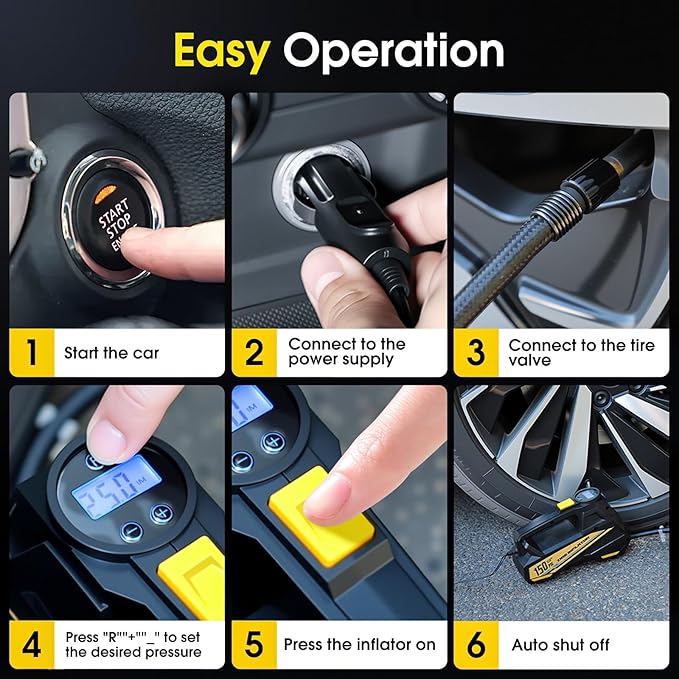 FLYKID Tire Inflator Portable Air Compressor - DC 12V Air Pump for Car Tires with 150PSI LCD Digital Gauge & Emergency LED Light,Auto Tire Pump for Cars,Motorcycles,Bikes,Balls (Large)