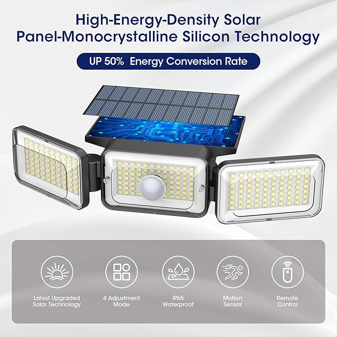 Solar Lights Outdoor Waterproof, Motion Sensor & Flood Outdoor Lights with Remote Control, 4 Adjustable Modes, 3000LM & 218 LED, High-Energy-Density Solar Panel-Monocrystalline Technology, 2 Pack