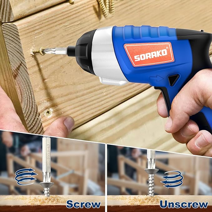 Electric Screwdriver, SORAKO Cordless Screwdriver Rechargeable 4V Max, Power Screwdriver with LED Light, 1300mAh Battery Screwdriver 6 Nm 30 PCS Screw Gun Accessories for Home DIY, Car Repair