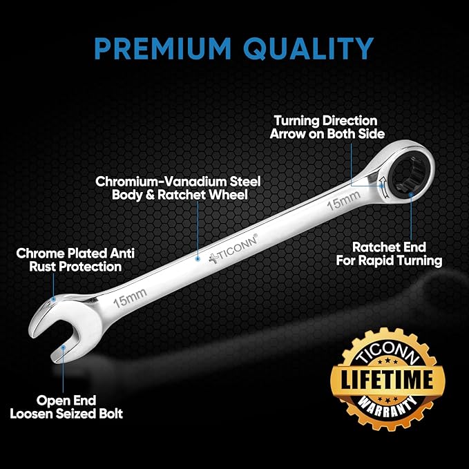 TICONN Ratcheting Wrench, Professional Slim Profile Mechanic Cr-V Ratchet Wrench 17mm (Metric)
