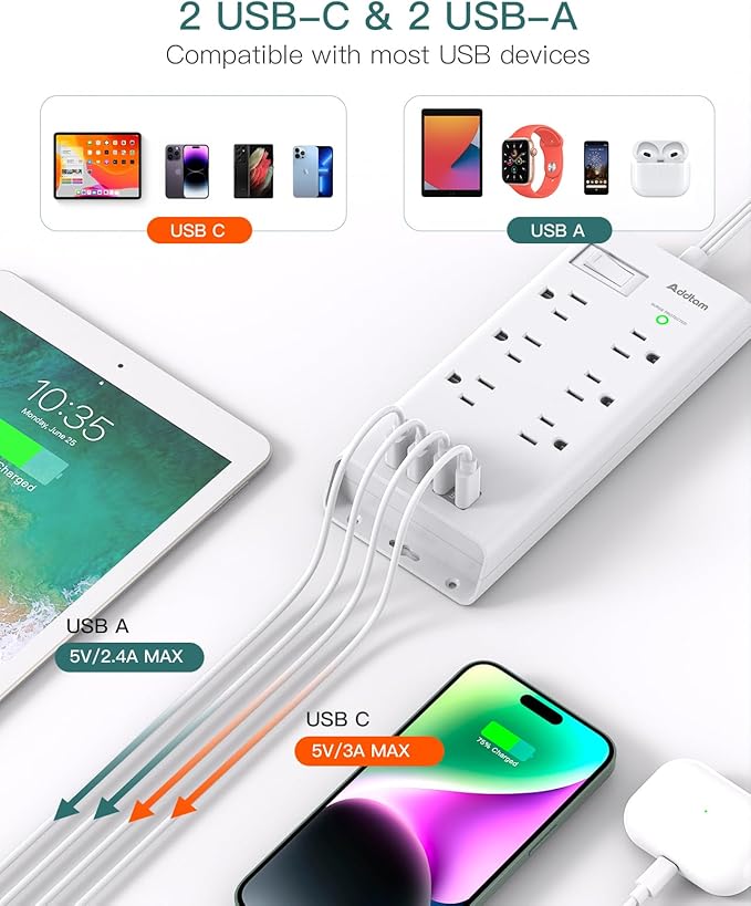 Surge Protector Power Strip 9.8FT, Addtam Flat Plug Extension Cord with 6 Outlet 4 USB Ports (2 USB C), Outlet Extender Strip for Home Office College Dorm Room Essentials